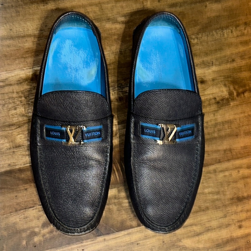 Sale LV Louis Vuitton Paris Men’s Designer Navy Leather Drivers Mocs Shoes